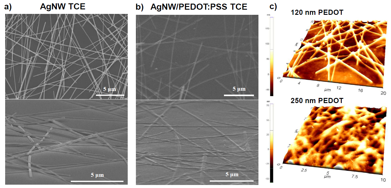 (a) 은 나노와이어 투명전극. (b) 은 나노와이어/PEDOT:PSS 복합 투명전극 (c) 복합 투명전극의 AFM 분석 사진.