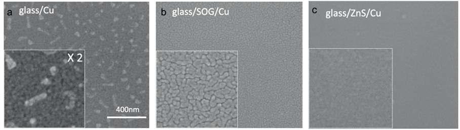 Scanning electron microscopy (SEM) image of Cu deposited on various interlayers.