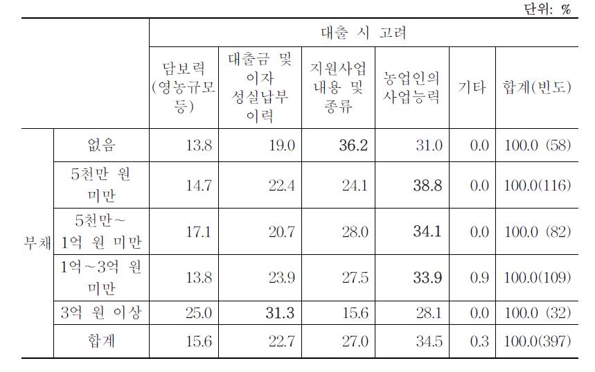 부채규모별 대출기관이 중요하게 고려해야 하는 사항에 대한 의견