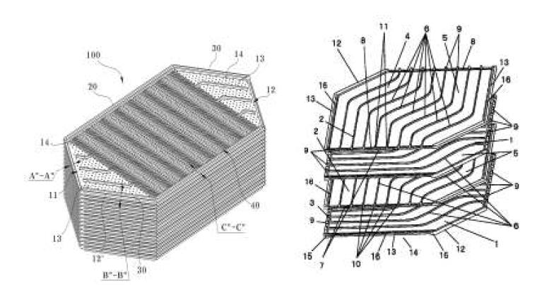 폴리머 열교환기 관련 대표 특허 (좌) 국내등록된 폴리머 전열열교환기 구조 (우) 미국 폴리머 박판 응용 열교환 구조
