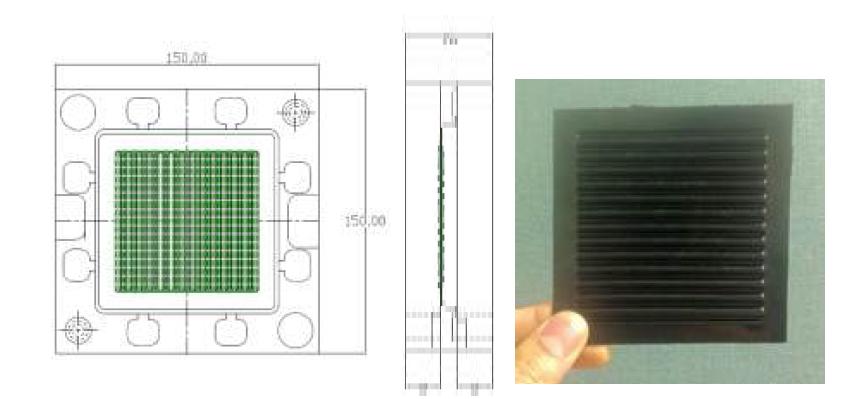 Primary surface형 열교환판 금형 도면 (좌) 및 열교환판 성형품 (우). 성형품 치수 100mm×100mm×1mm. 복합재료 HDPE + MWCNT 20wt%