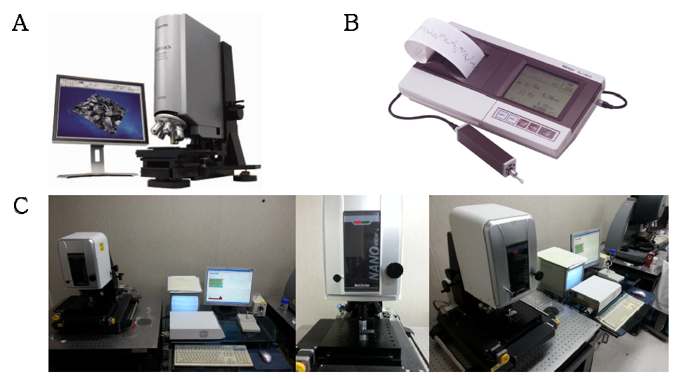패턴 형상 측정기기 (A) 공초점현미경, (B) 표면조도계, (C) 미세형상측정기