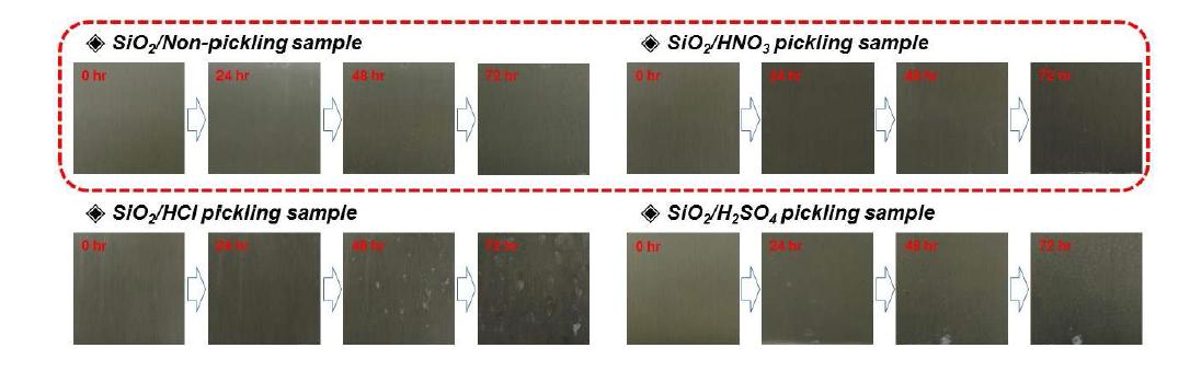 HCl, HNO3, H2SO4 산세처리와 SiO2코팅의 염수분무 실험결과.