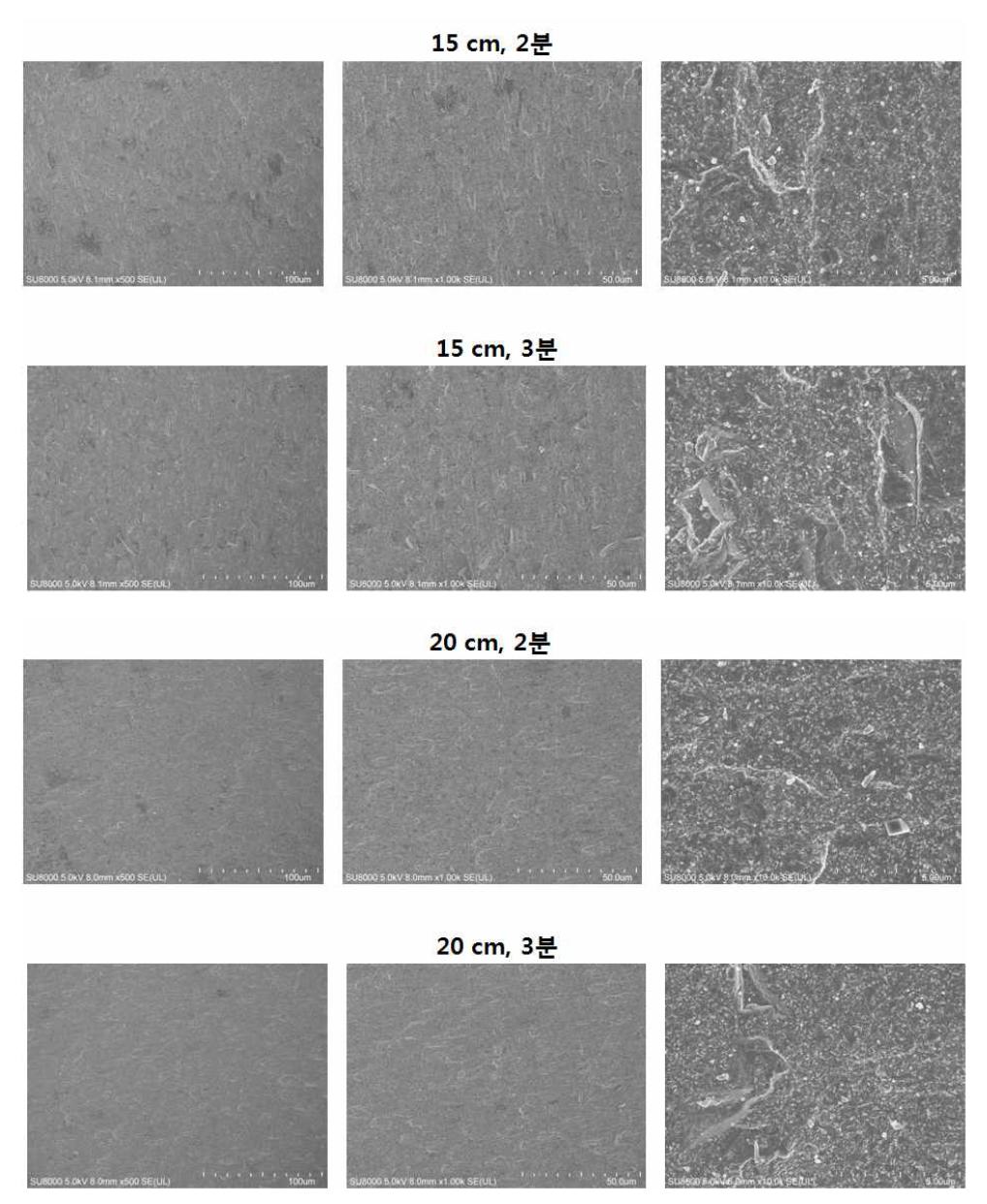 Al2O3 #400 정면압력 0.1 MPa일 때 정면거리 및 정면시간별 FE-SEM(X 500, X 1,000, X 10,000)