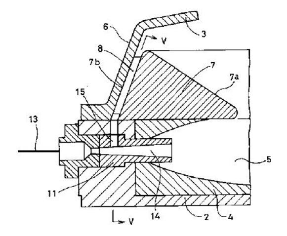 일본 Hosokawa사의 공기 분사노즐의 단면도 (일본 特開平11-179228, 1999)