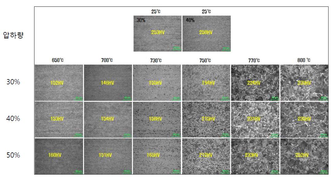 압하량과 Annealing 온도에 따른 미세조직(결정립크기)과 경도 변화에 대한 DB