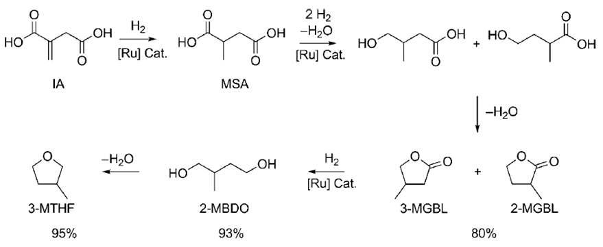 Reaction sequence and maximum yields for the selective conversion of itaconic acid (IA) into lactones (MGBL), 2-methylbutanediol (2-MBDO), and 3-methyltetrahydro-furan (3-MTHF).