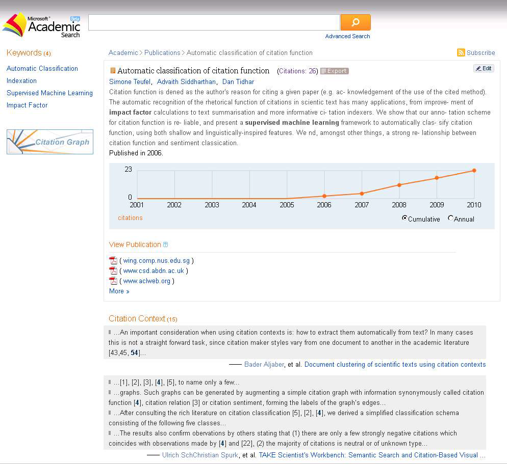 Citation Context Service Interface of MS Academic Research
