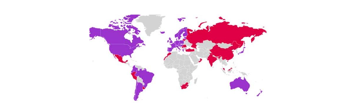 ID 연계를 통한 협업응용서비스 제공 국가들 (보라색: 프로덕션 서비스 제공, 빨간색: 파일럿 서비스 제공)