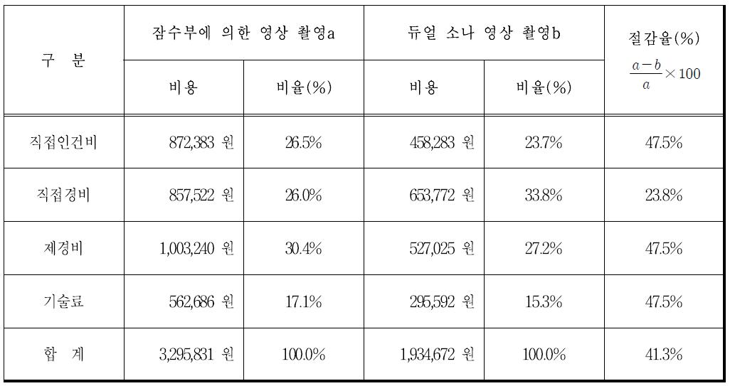 잠수부 수중점검과 개발한 듀얼 소나 수중점검의 산출 내역 비교