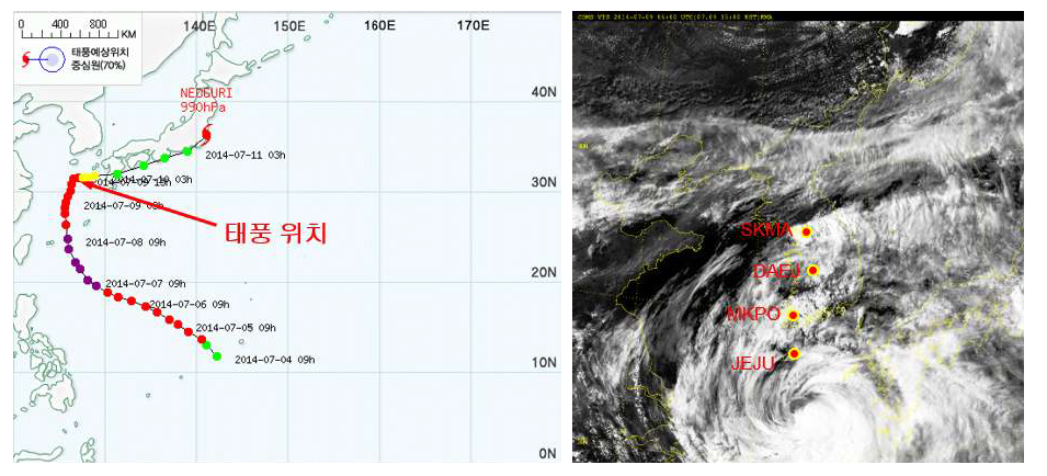 2014년 7월 9일 15시 태풍 너구리 위치(좌), 한반도 위성사진(우)