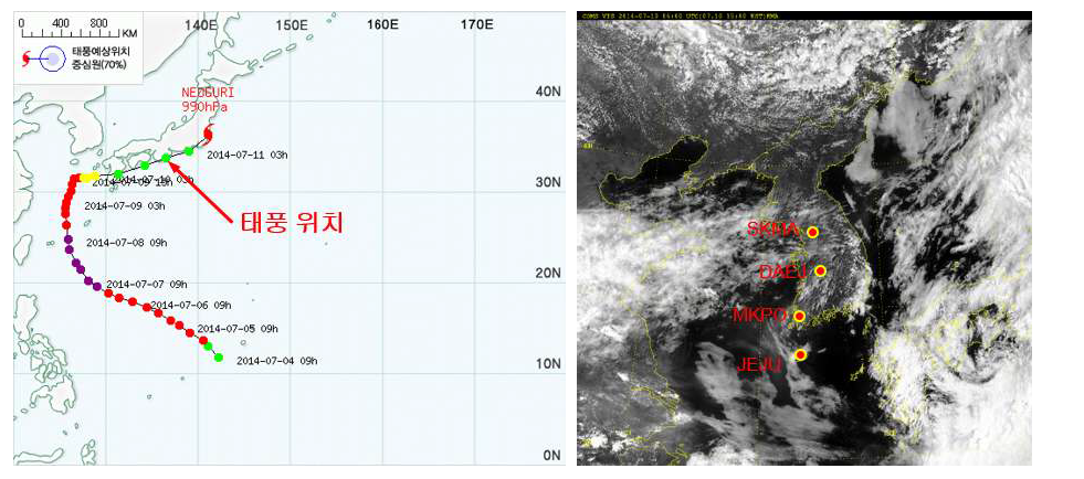 2014년 7월 10일 15시 태풍 너구리 위치(좌), 한반도 위성사진(우)