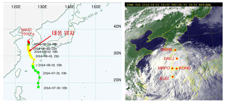 2014년 8월 2일 18시 태풍 나크리 위치(좌), 한반도 위성사진(우)