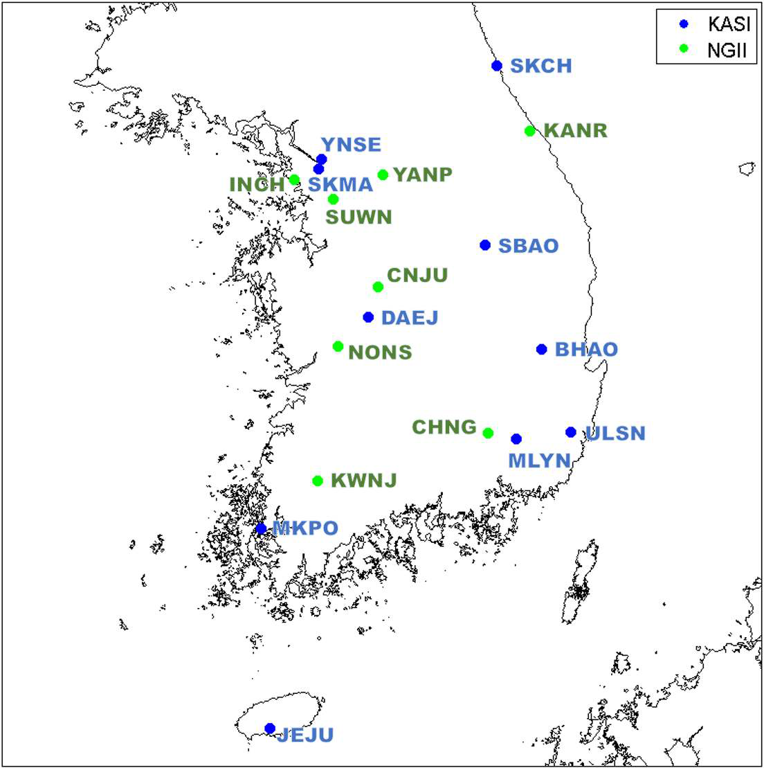 관측망 확장성능 시험에 사용된 GNSS 상시관측망