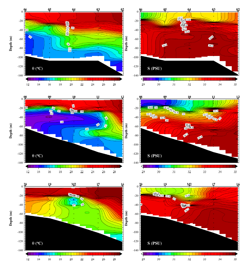 수온 (좌)과 염분 (우)의 동서단면 수직구조.