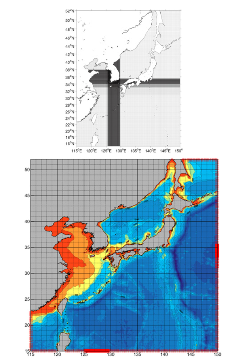 북서태평양 격자망 중 외해경계역 위치(적색선으로 표기) 및 수심도