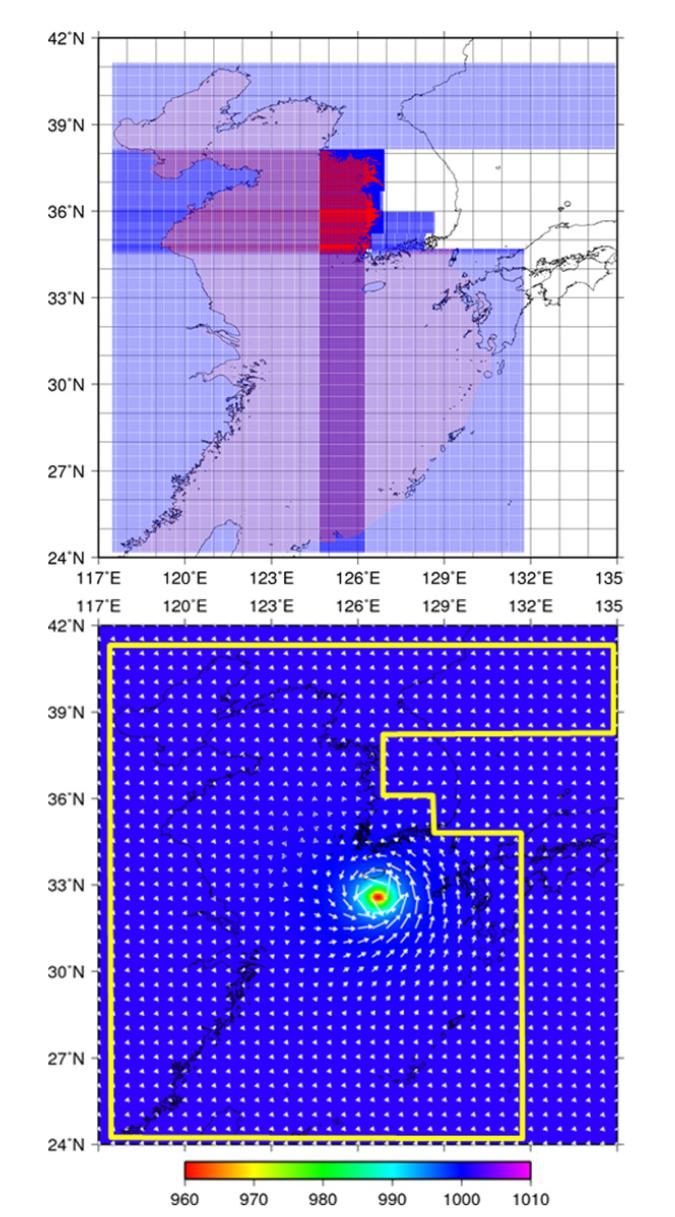 동중국해 확장가변체계상(위)에서 산출된 기압 및 바람장 산출(아래)