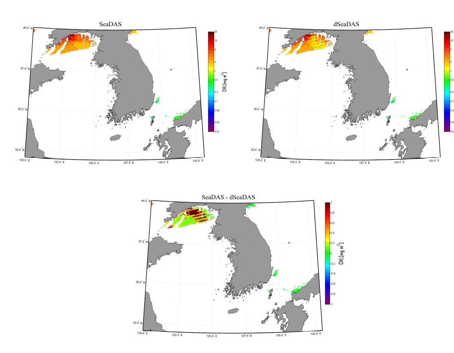 동일 영상에 대한 SeaDAS와 dSeaDAS의 처리 결과 및 둘의 차이 (A2014003042500.L2_LAC)