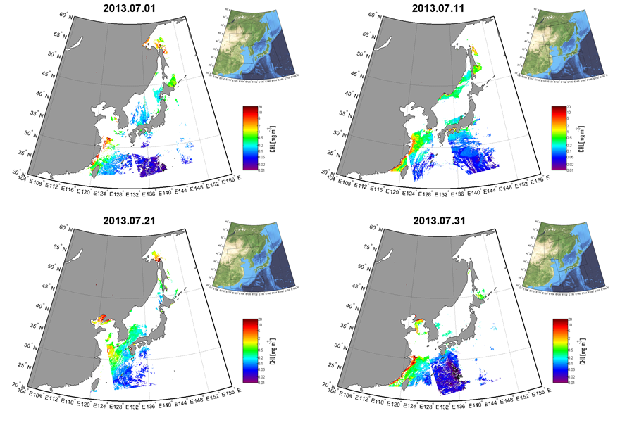 dSeaDAS 시스템을 이용하여 얻어진 L2 CHL 일별 자료 예시