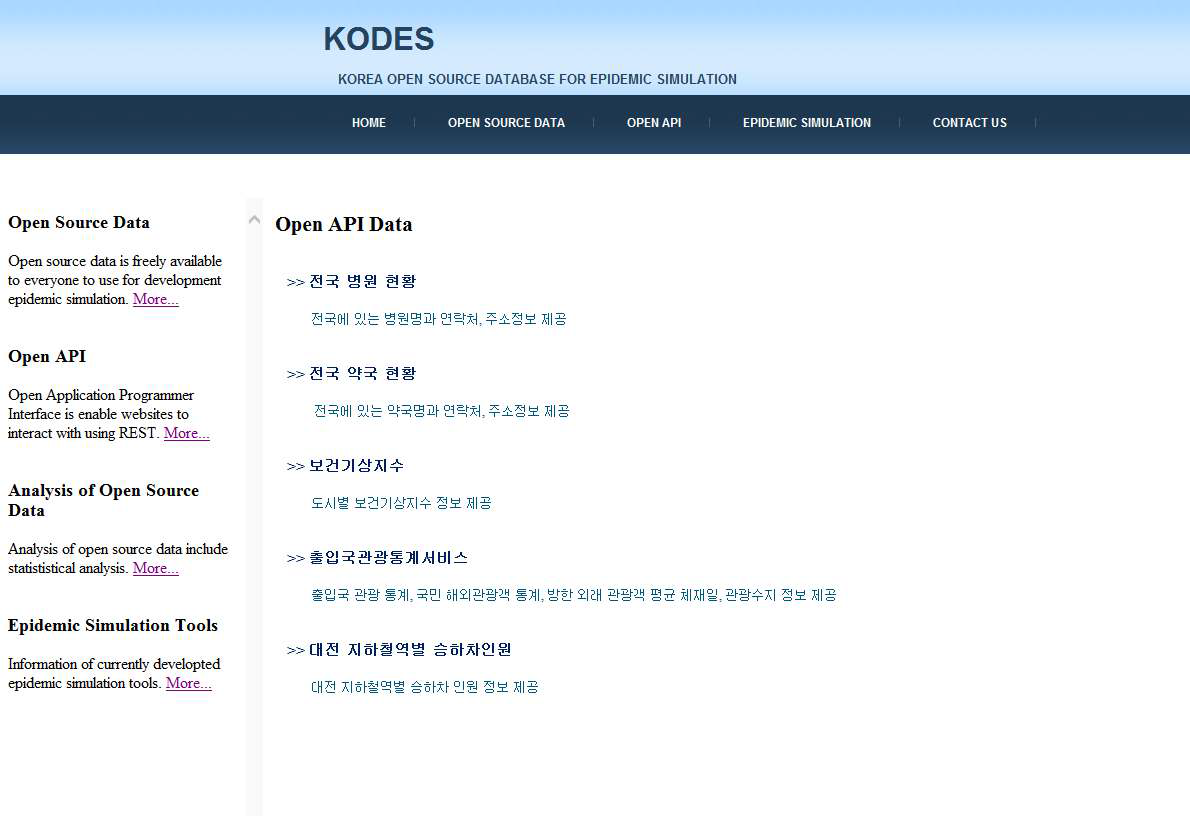 KODES 데이터베이스 Open API 페이지