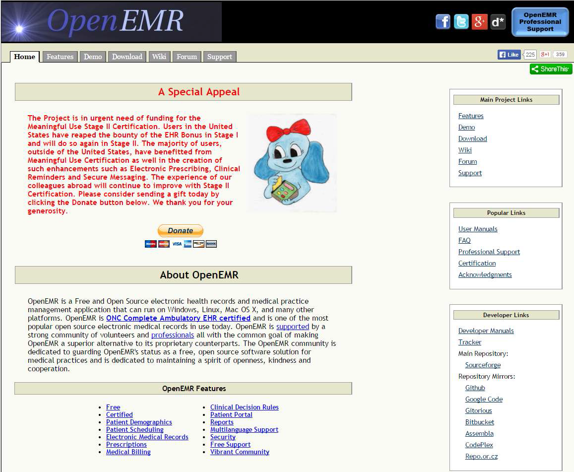 OpenEMR 홈페이지 메인