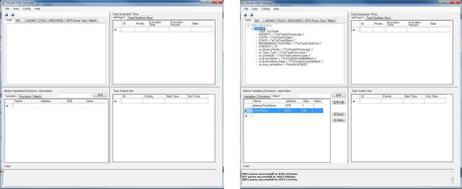 개발 지원 도구의 메인 화면(좌)와 ORTI 정보 파싱 기능(우)