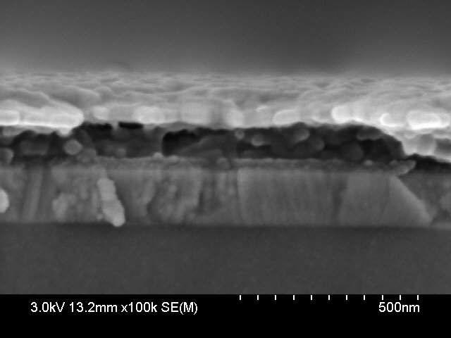 sol-gel법을 이용하여 형성된 ZnO가 적용된 P3HT:PC60BM 기반 인버트 구조의 유기태양전지 단위 소자의 측면 SEM image