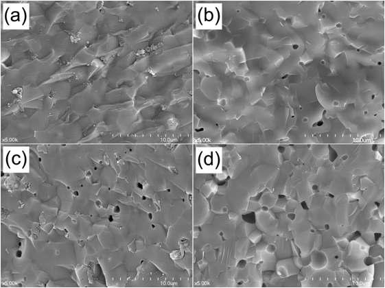 출발용액의 농도 a) 0.1M, b) 0.5M, c) 1.0M 그리고 d) 2.0M으로부터 제조한 디스크를 1100oC에서 3시간 소결 후 디스크 파단면의 주사전자 현미경