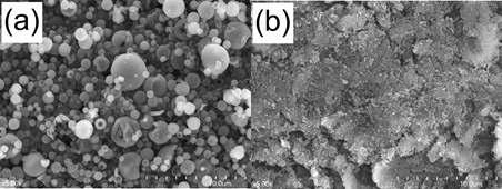 PEG를 (a)첨가하지 않은 용액과 (b) 첨가한 용액을 1100oC에서 분무열분해 시킨 후 얻어진 아파타이트 분말을 650oC에서 3시간동안 탈지 처리 후의 주사전자 현미경 사진.