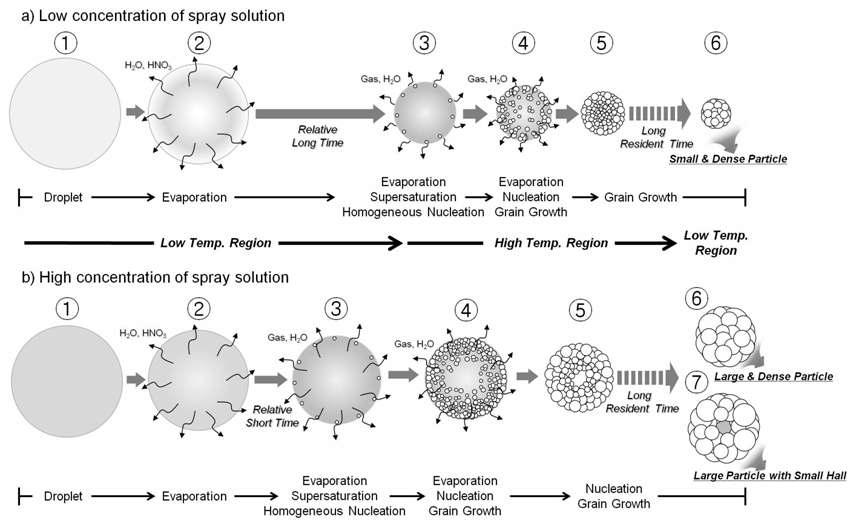 분무열분해 공정 시 출발용액의 농도에 따른 입자 형성 기전.