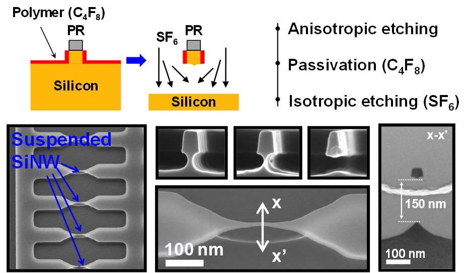 Bosch process (deep reactive ion etching)와 제작된 실리콘 나노와이어의 전자현미경 사진