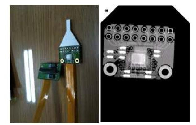 구현된 chip의 packaging 및 PCB 보드상의 모습, 오른쪽: 칩의 wiring을 확인하기 위하여 찍은 x-ray사진