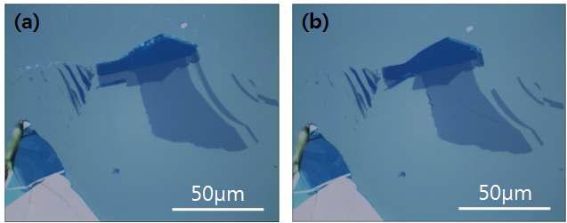 (a) HV annealing 이전과 (b) 이후에 SiO2 위의 그래핀에 대한 현미경 사진