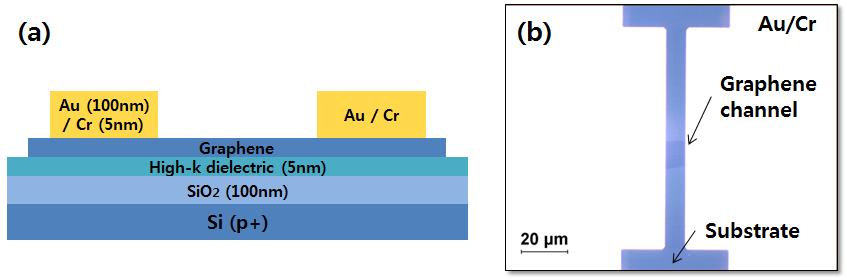 (a) 제작된 그래핀 전계효과 트랜지스터의 구조 (b) 완성된 그래핀 전계효과 트랜지스터