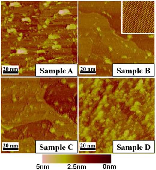 표면처리 조건에 따른 그래핀 샘플들의 STM image.