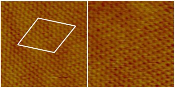 5×5 nm2 영역에서의 그래핀 샘플의 STM 이미지로 6×6 unit cell 이 관찰된다.