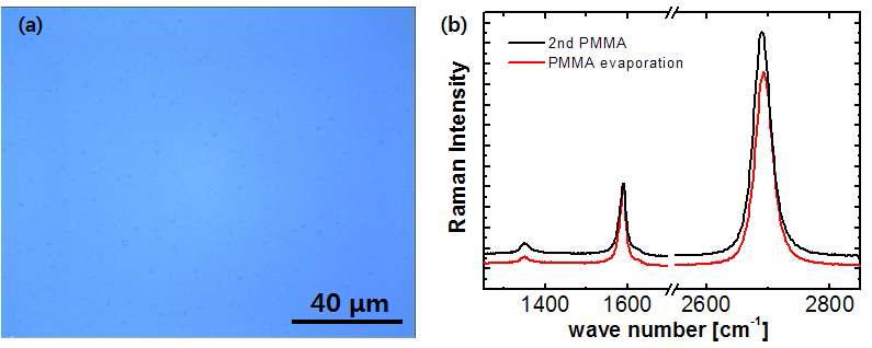 (a) PMM A /그래핀을 그림 3-56의 조건에 따라 evaporation 시킨 뒤의 현미경 사진이다. (b) evaporation을 통한 제거 방법과 2nd PM MA를 사용한 방법에 대해 측정한 Raman spectra이다.