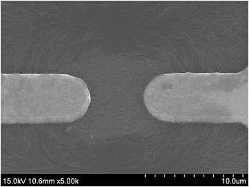 유전영동에 의해 부착된 단일벽탄소나노튜브의 주사전자현미경 사진