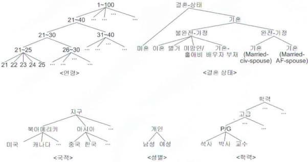 익명화를 위한 데이터 계층 구조의 예