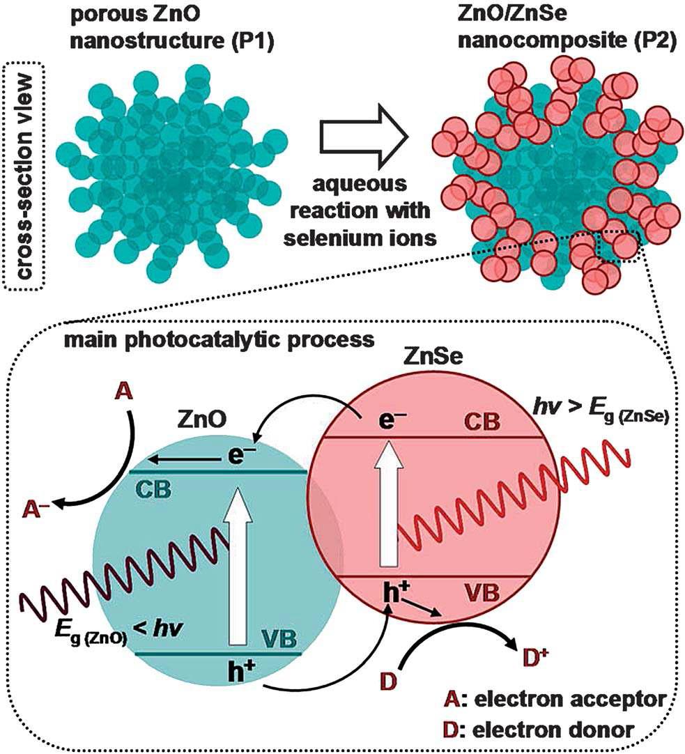 광촉매에 이용되는 ZnO/ZnSe 나노 복합체의 에너지 밴드 구조.