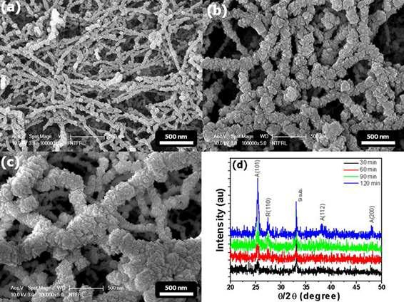 SEM Images of TiO2 Films Grown at 400oC onto SWCNT/ITO/Glass with Deposition Times of (a) 30, (b) 90, and (c) 120min. (d) XRD Patterns of TiO2/SWCNT Composites with Different Deposition Times of TiO2.