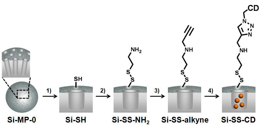 Glutathione (GSH) 감응형 실리카 나노 전달체의 제조 방법.