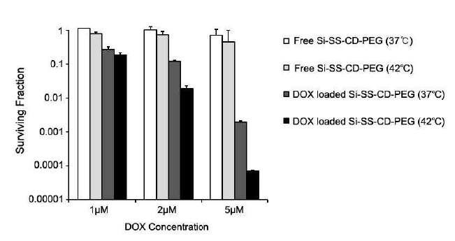 온도에 따른 free or DOX-loaded Si-SS-CD-PEG의 cell survival 결과.