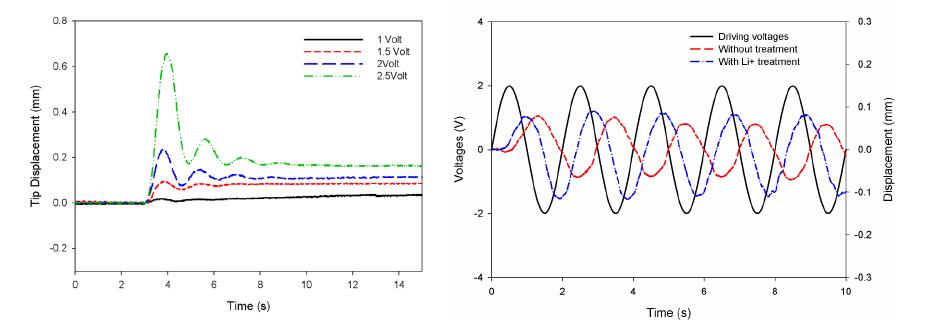 Tip displacement and harmonic responses of LiCl treated bacterial cellulose actuator