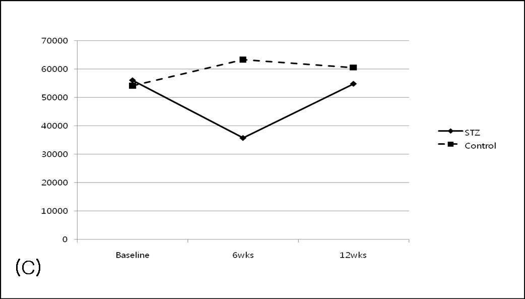 The average number of brain parenchyma voxels in the icv-STZ group was decreased at 6 weeks and recovered at 12 weeks.