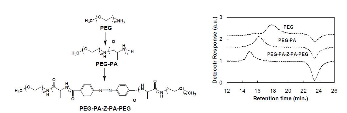 a) Synthetic scheme of the polymer. b) Gel permeation chromatogram of PEG, PEG-PA, and PEG-PA-Z-PA-PEG. N,N-dimethyl formamide was used as an eluting solvent.