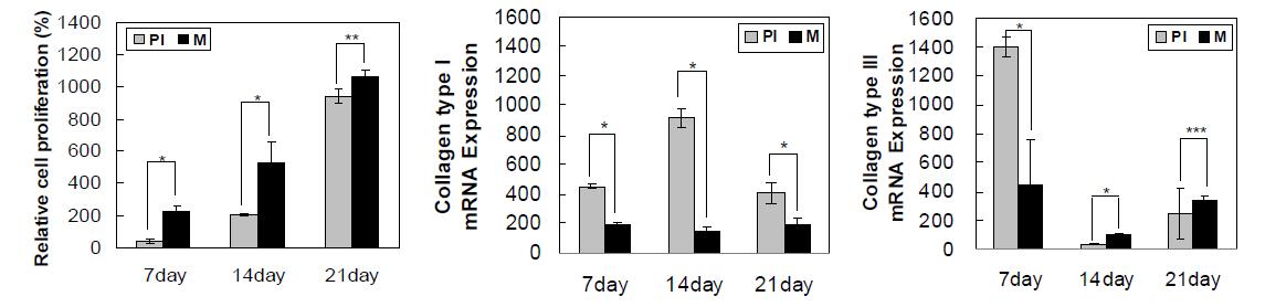 (a) Live and dead images of fibroblasts after 21 days incubation at 37 oC in PEG-L-PA thermogel (PI) and MatrigelTM. (b) Proliferation of fibroblasts in the PEG-L-PA thermogel (PI) and MatrigelTManalyzed by CCK-8. * and ** indicate the p value of p<0.01 and p<0.05, respectively. One hundred percent indicates the value on the day incubation began (day 0). Relative mRNA expression of type I collagen (c) and type III collagen (d) at day 7, 14 and 21 for 3D-cultured fibroblasts in the PEG-L-PA thermogel (PI) and MatrigelTM(M). The β-actin (house keeping gene) was used as an internal control. * and *** indicate the p value of p<0.01 and p<0.20, respectively. The data for 2D cultured fibroblasts on the cell culture plate (polystyrene) for 21 days were used for normalization as 100.