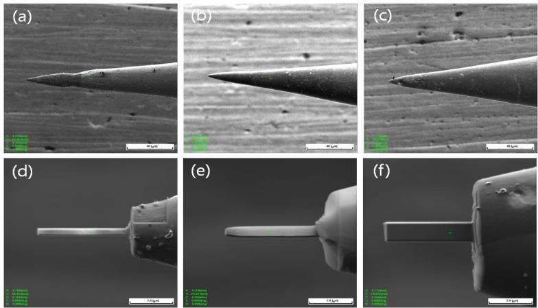 (a-c) 전기화학 식각 후 의 금 나노 와이어 SEM 사진 및 (d-f) FIB 2차 식각 후의 나노 프로브 사진 ((d) 200nm, (e) 500nm, (f) 1000nm)