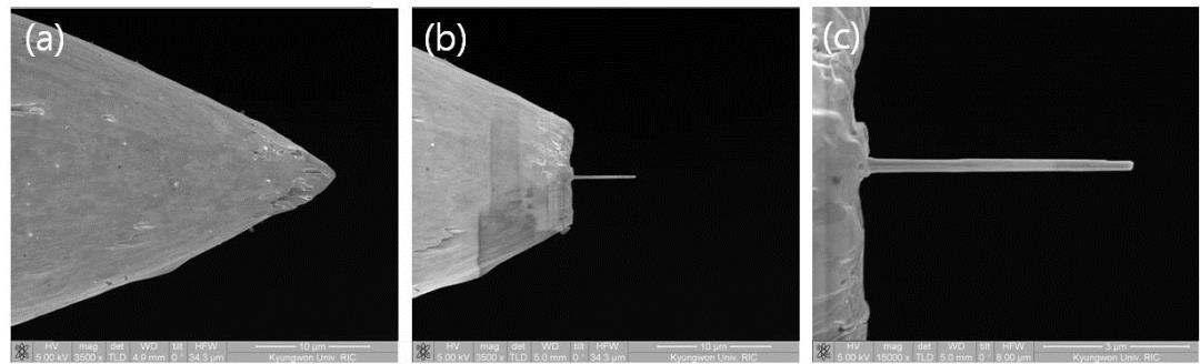 (a) 1차 전기화학 식각 후 의 백금/이리듐 합금 와이어, (b) 2차 집속 이온 빔 식각 후의 백금/이리듐 나노 프로브 사진, (c) 식각 된 부분의 고배율 사진