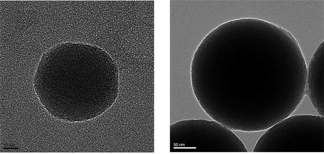 산화그래핀 피막이 형성된 (좌) 60nm, (우) 250nm 실리카-그래핀 나노 복합체